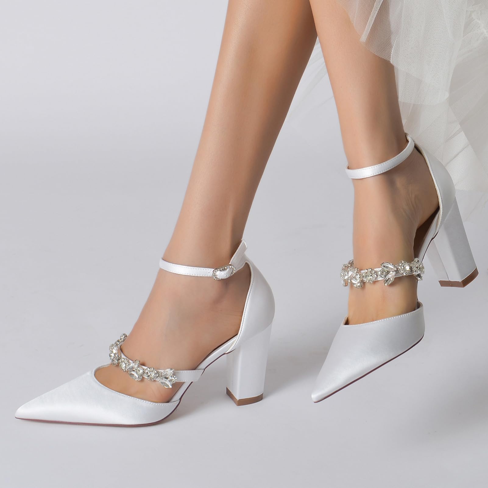 Zapatos de Novia Gruesos de Diamantes de imitación para Mujer Zapatos de tacón con Correa de Tobillo Sandalias de Vestido de Fiesta de Novia de Negocios de Punta Cerrada