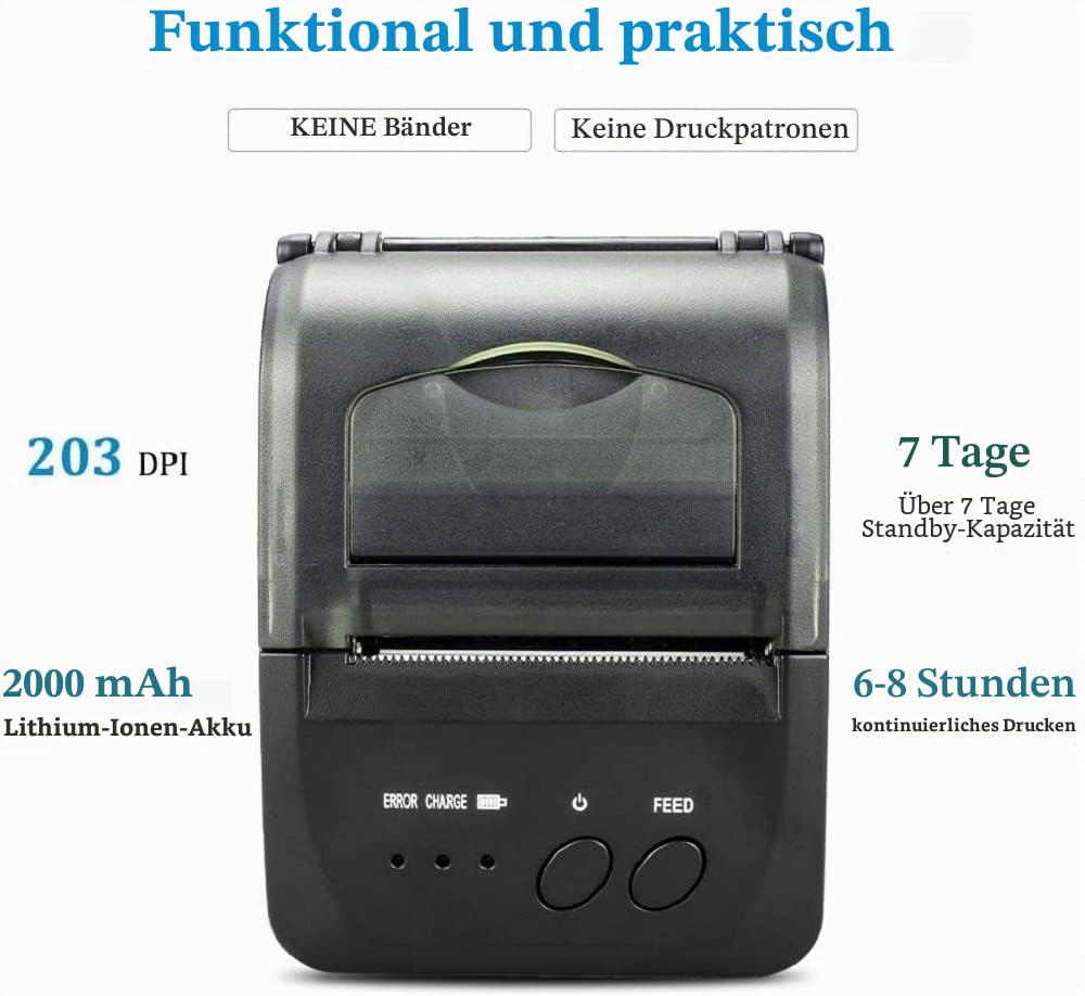 NETUM Kabelloser Bluetooth-Belegungs-Thermodrucker (DE), Tragbarer Persönlicher Rechnungsdrucker, 58 mm, Mini-USB-POS-Drucker für Restaurants, Kompatibel mit Android/PC/Windows/Linux