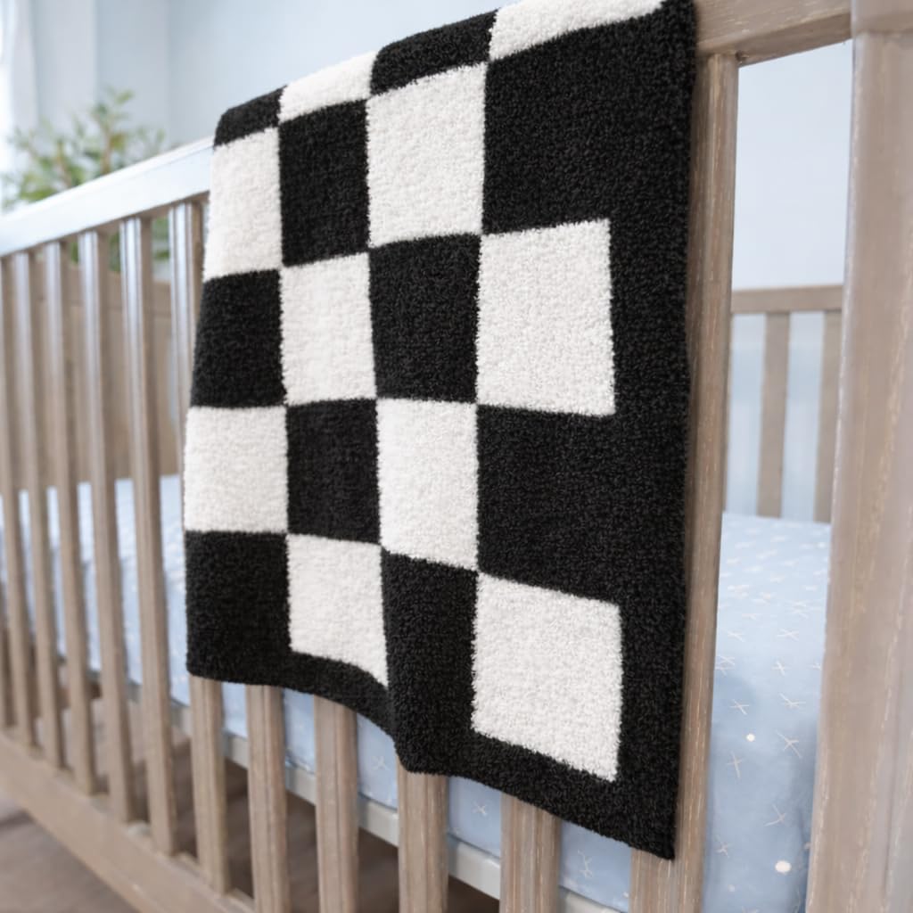 Manta de bebé a cuadros de 28 x 40 pulgadas con parche de cuero, manta de punto suave para cuna o cochecito, manta de recepción/regalo esencial para niños pequeños, bebés o niños (negro/blanco)