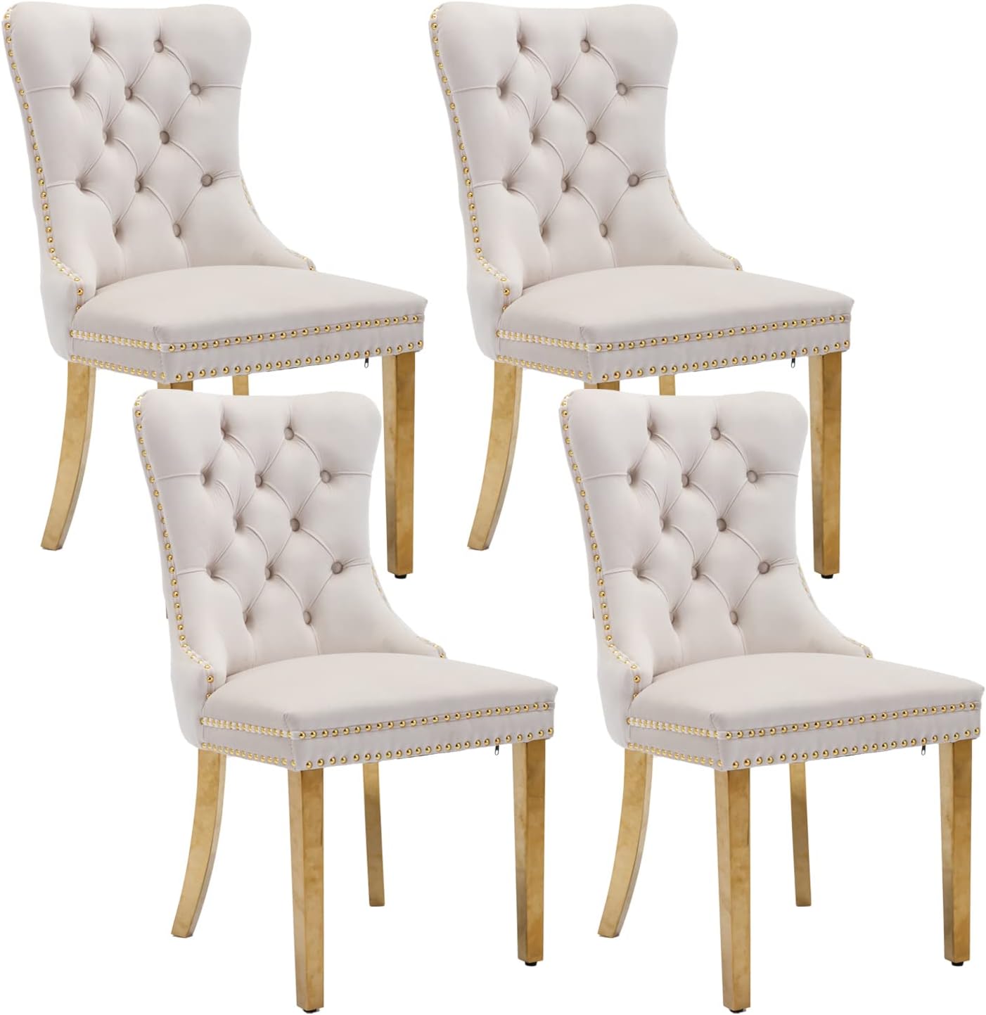 Shenyon Beige Velvet Dining Chairs Set of 4, Upholstered