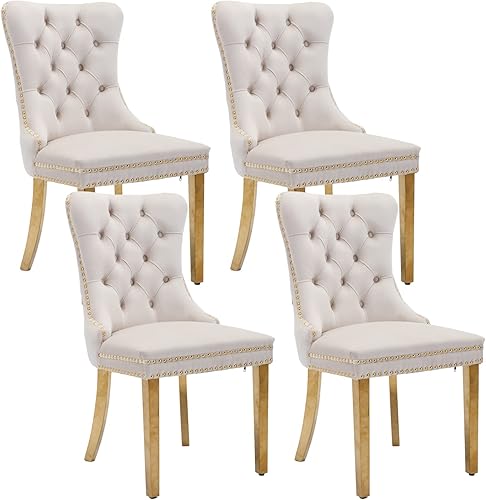 Miniatura 90 de Juego de 4 sillas de comedor de terciopelo beige, sillas tapizadas modernas para comedor con respaldo capitoné y acentos de madera, patas curvas de