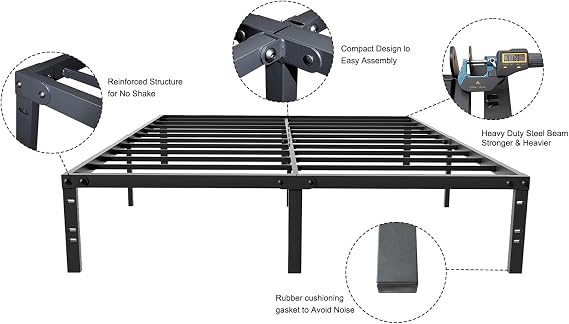 Queen Size Bed Frame Metal 14 Inch Platform Base with Storage Heavy Duty with Steel Slats Easy Assembly Noise Free No Need Box Spring Non-Slip,Black