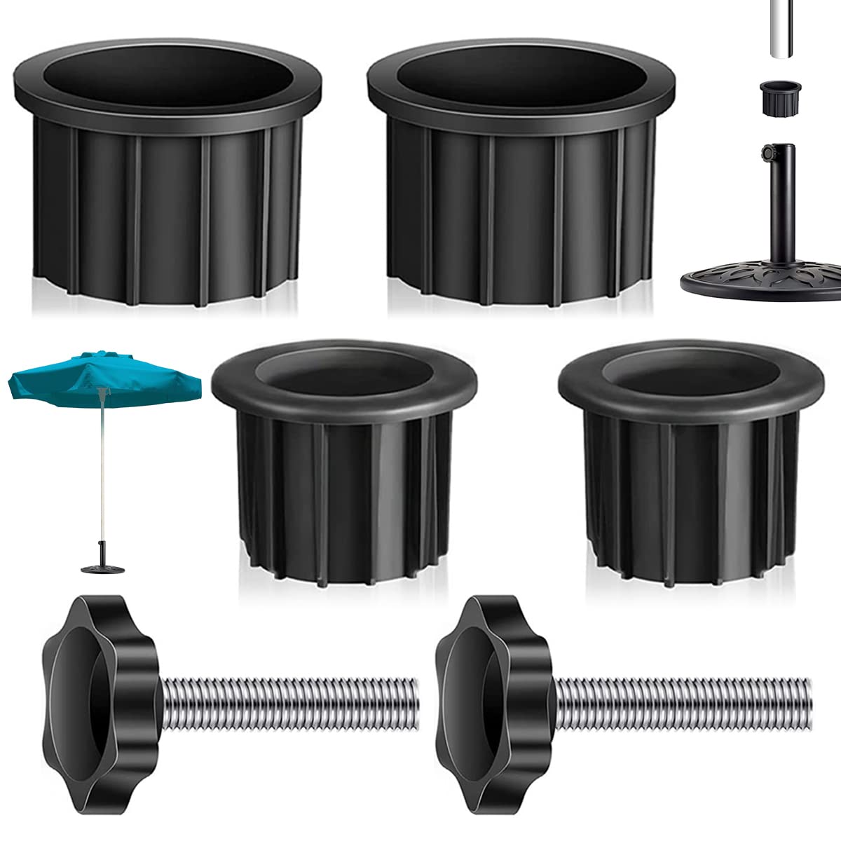 Nihuifdpy Black 6Pcs Patio Umbrella Replacement Parts Kit Parasol Base Insert Patio Table Umbrella Stand Hole Ring Plugs Cover With Hand Knob And M8 Screws Fits Diameter 1.5 And 1.9 Inch Pole