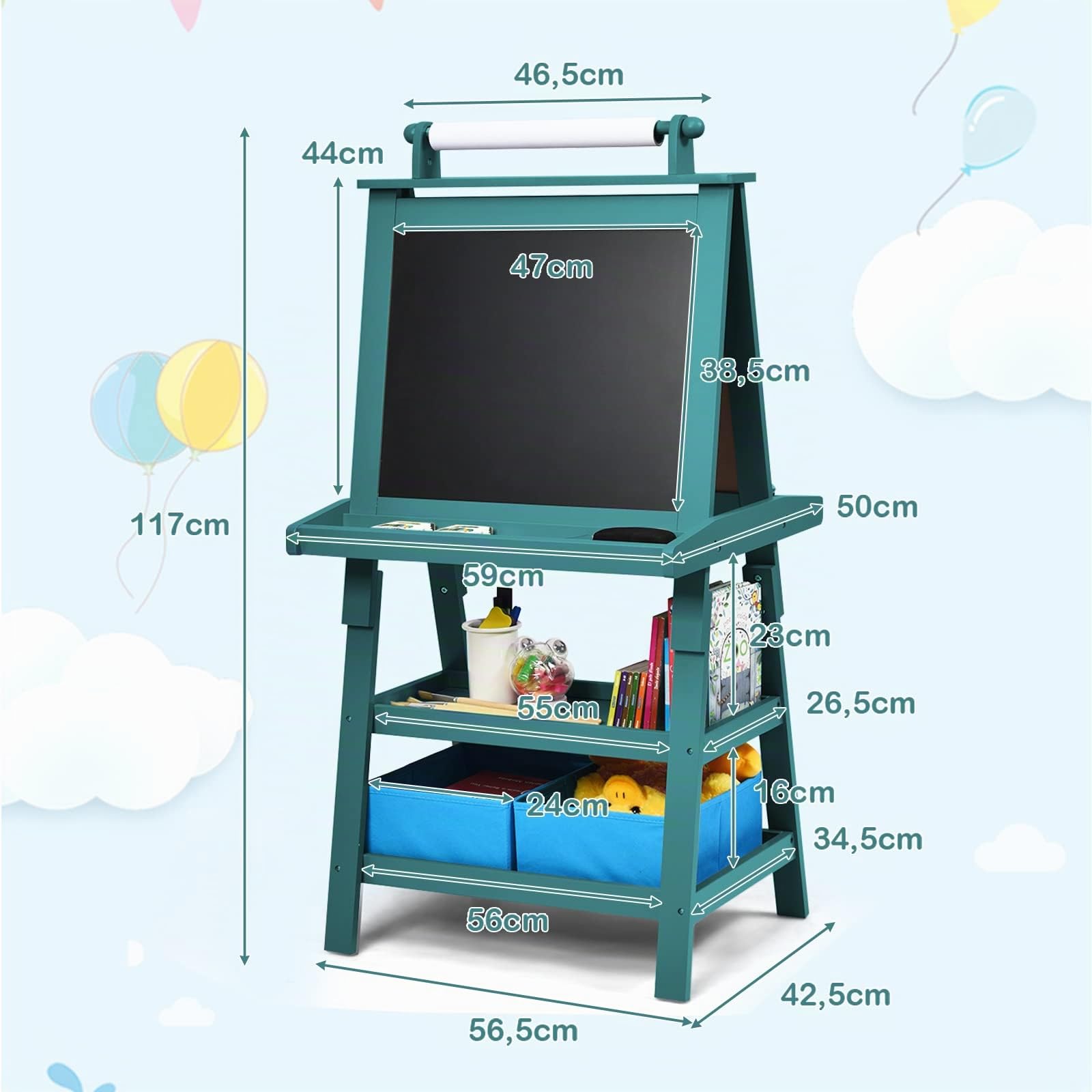 DREAMADE doppelseitige Kinder Staffelei aus Holz, Kinderstaffelei mit Ablage, Kindertafel mit Papierrolle Whiteboard und Kreidetafel, inkl. 2 Stoffboxen (Grün)