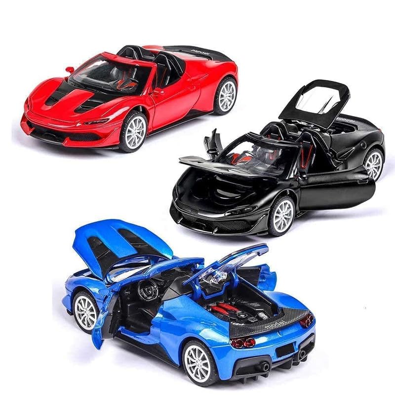 Image of Kids Model 1:32 Ferrari J50 Die Cast Metal Car Pull Back Action Opening Doors with Realistic Engine Sound Lights Toy Car Gift for Boys - Black