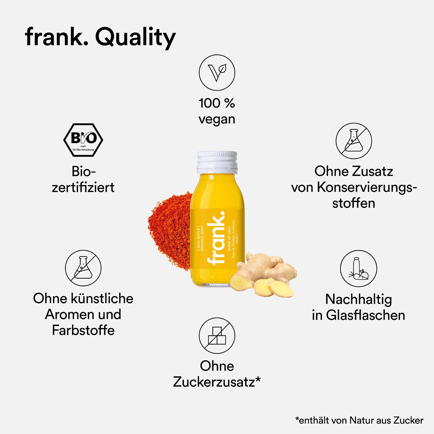 Frank Juice Bio Ingwer Shots "Immunity" 28 x 60 ml, Vegan & in Glasflaschen | Mit Kurkuma, Orange und Pfeffer | ohne Farb-, Süß- oder Konservierungsstoffe | nachhaltiges Premiumprodukt