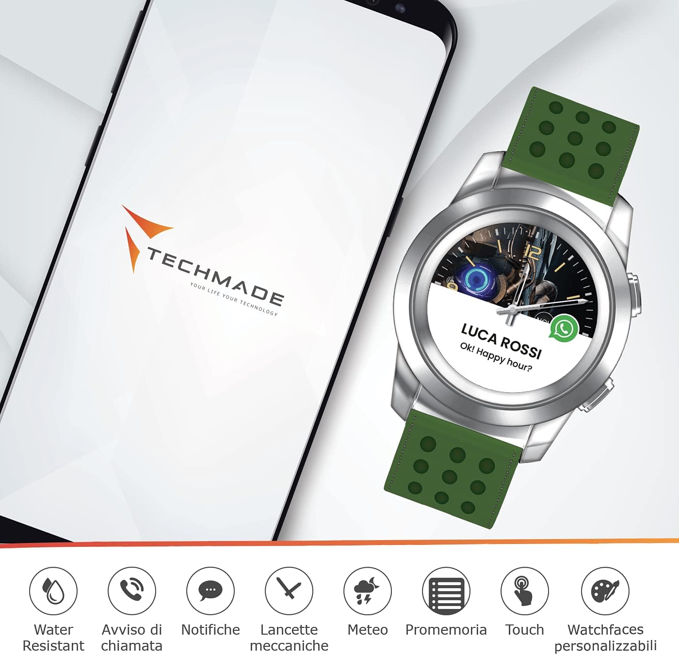 Techmade smartwatch displaying notifications and feature icons