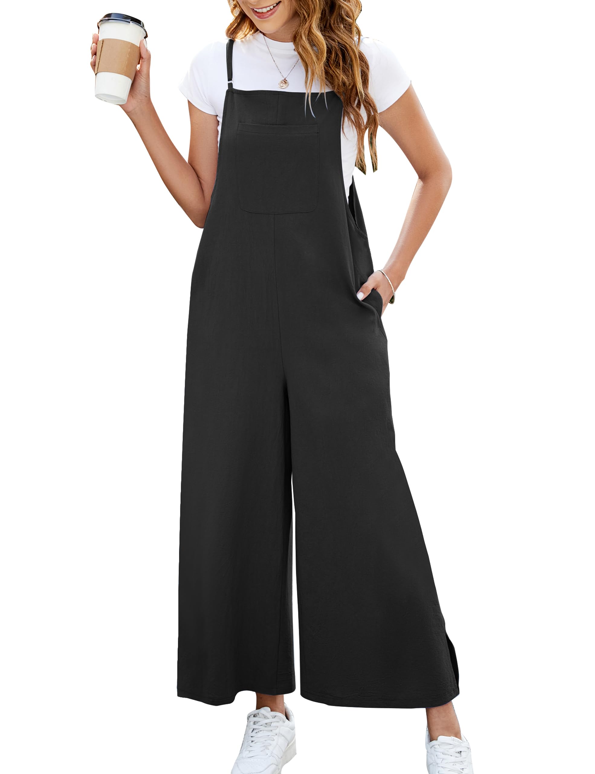FlygoWomens Overalls Adjustable Spaghetti Strap Jumpsuit Casual Loose Bib Overall Sleeveless Baggy Romper with Pockets
