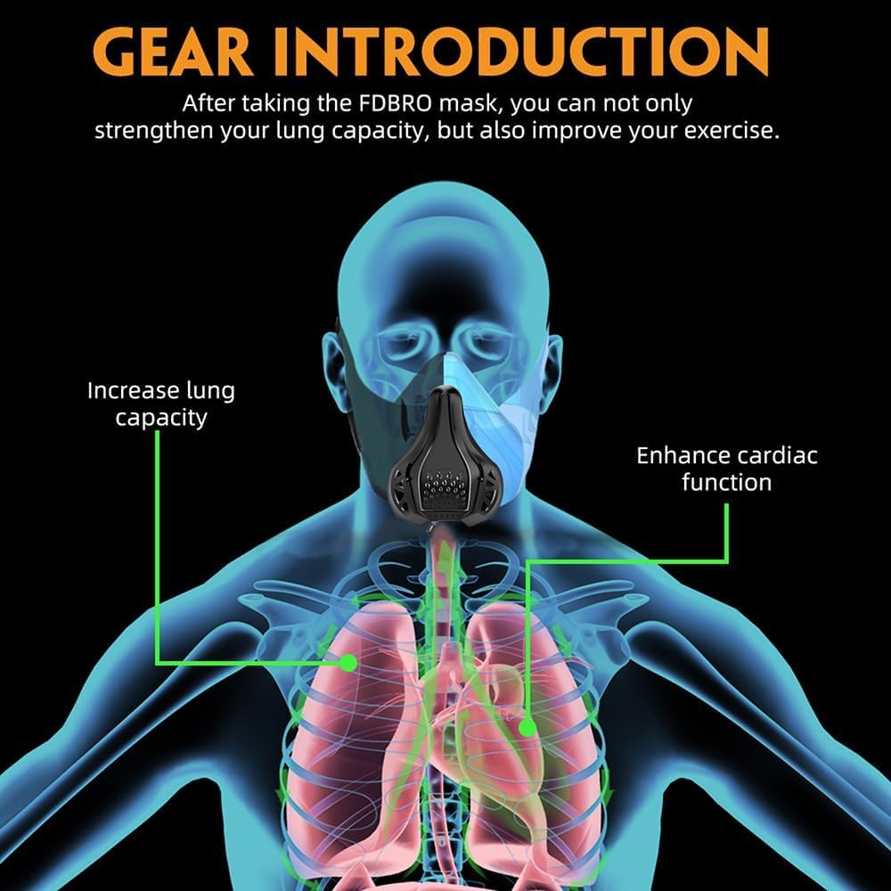 FDBRO Máscara Deportiva Negra 48 Niveles de respiración Máscara de altitud para Correr, Levantamiento de Pesas, Footing, Entrenamiento de Resistencia, Mejora de la Capacidad pulmonar