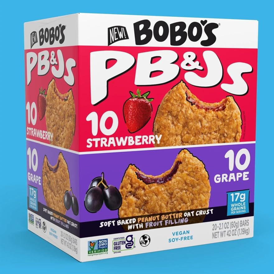 Bobos Gluten Free PB&Js Soft Baked Peanut Butter Oat Crust with Jelly Filling, Grape and Strawberry, 42 OZ (Pack of 20) GLUTEN FREE