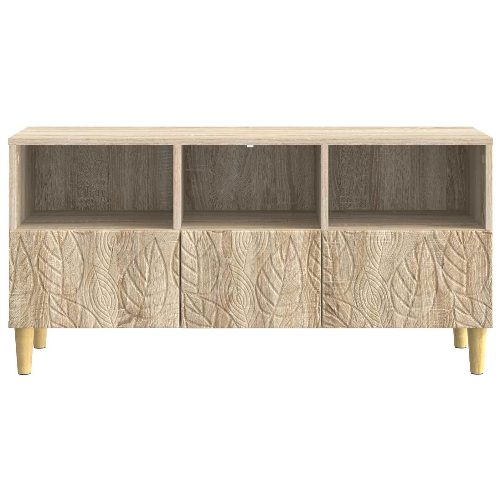 Mobile TV in rovere Sonoma, 102 x 34,5 x 50 cm, con 3 cassetti | Mobile basso robusto per soggiorno con 3 spaziosi cassetti, gambe in legno massiccio di eucalipto e superficie effetto rovere
