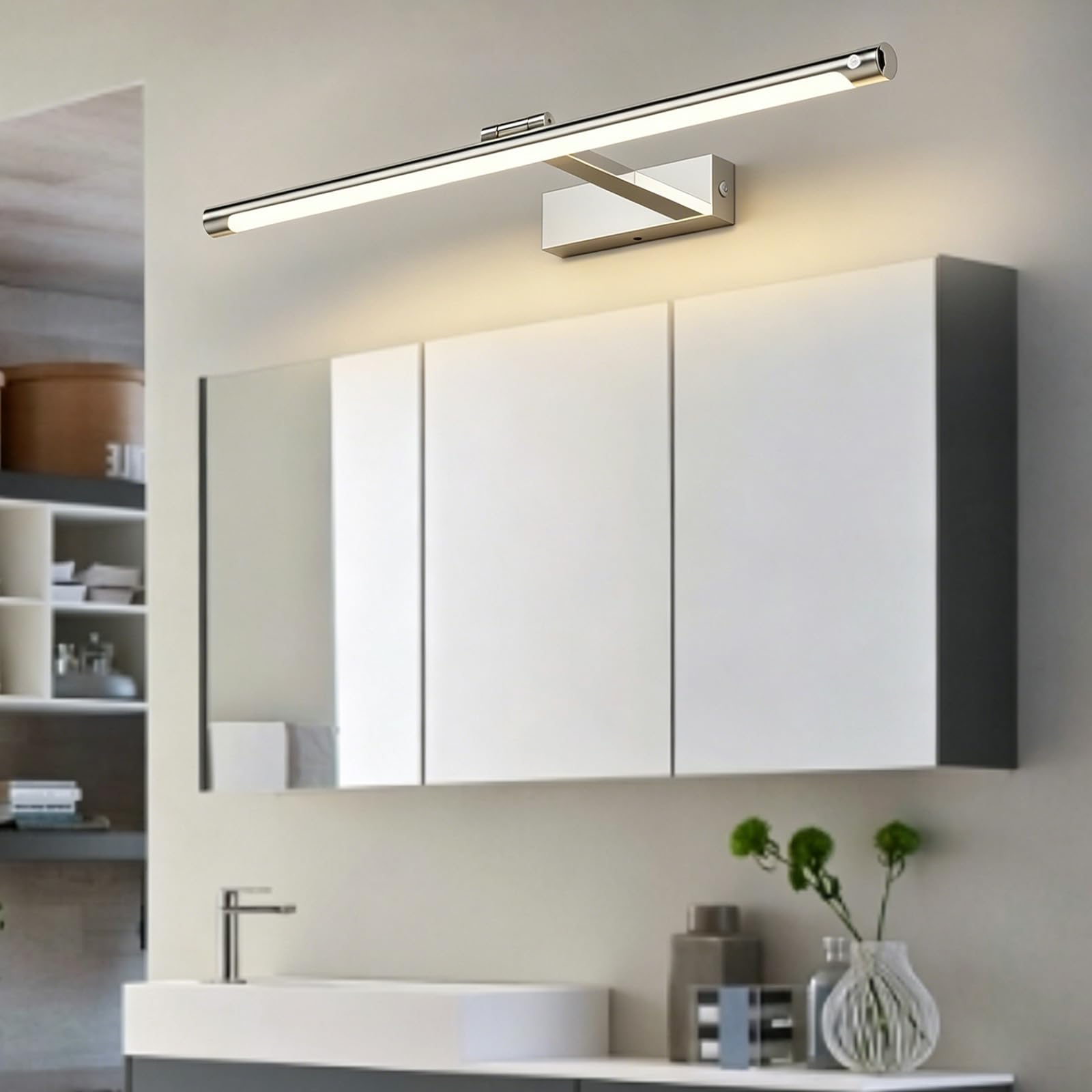 LED Lámpara de Espejo Baño Giratorio Apliques de Pared con Sensor de Movimiento Moderno Iluminación de Pared con Interruptor Cuadros Maquillaje Sala de Estar Dormitorio (Luz Cálida Plateada,50cm)