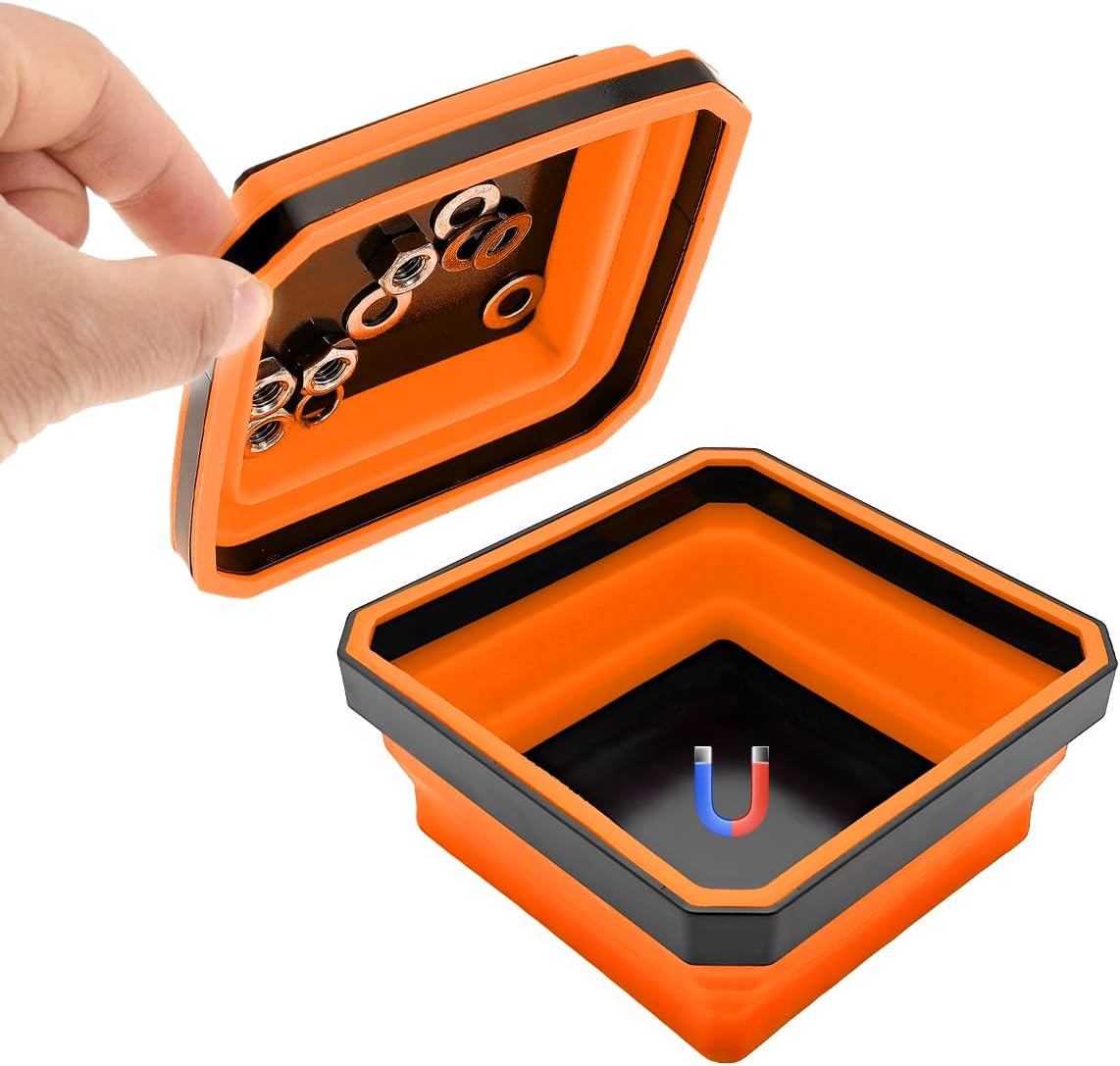 Collapsible Magnetic Parts Tray, 4.5" Square Silicone Tool Tray with Double-Sided Magnetic Base, Foldable Bowls Small Metal Parts Holder for Screws Bolts Nuts Washers (Purple)