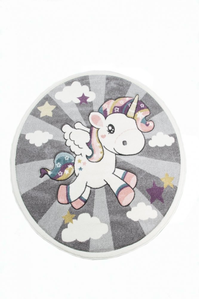 Kinderteppich Spielteppich Babyteppich mit Einhorn Regenbogen in Grau Creme Größe 120x170 cm