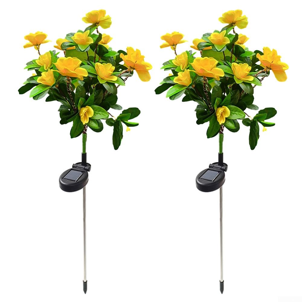 DAZZLEEX 2Pcs Solar Rhododendron Lights LED Flower Stake Lamp Outdoor Yard Patio 2V/150MA Upgraded Large Panel,Yellow