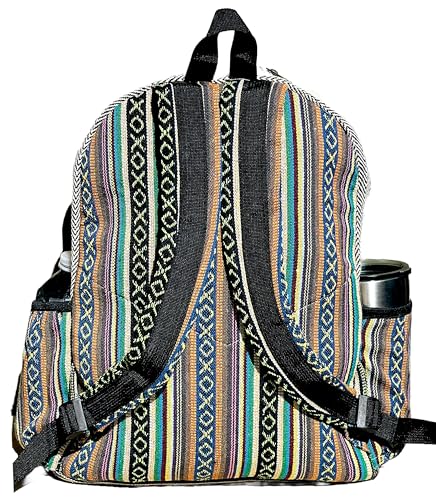 Hemp Bag – Large Multi-Pocket Travel Pack, Laptop Unisex, Cotton Stripe Nepali for Festival & Hiking (13 Inch, 2 Large + 2 Bottle Spaces2