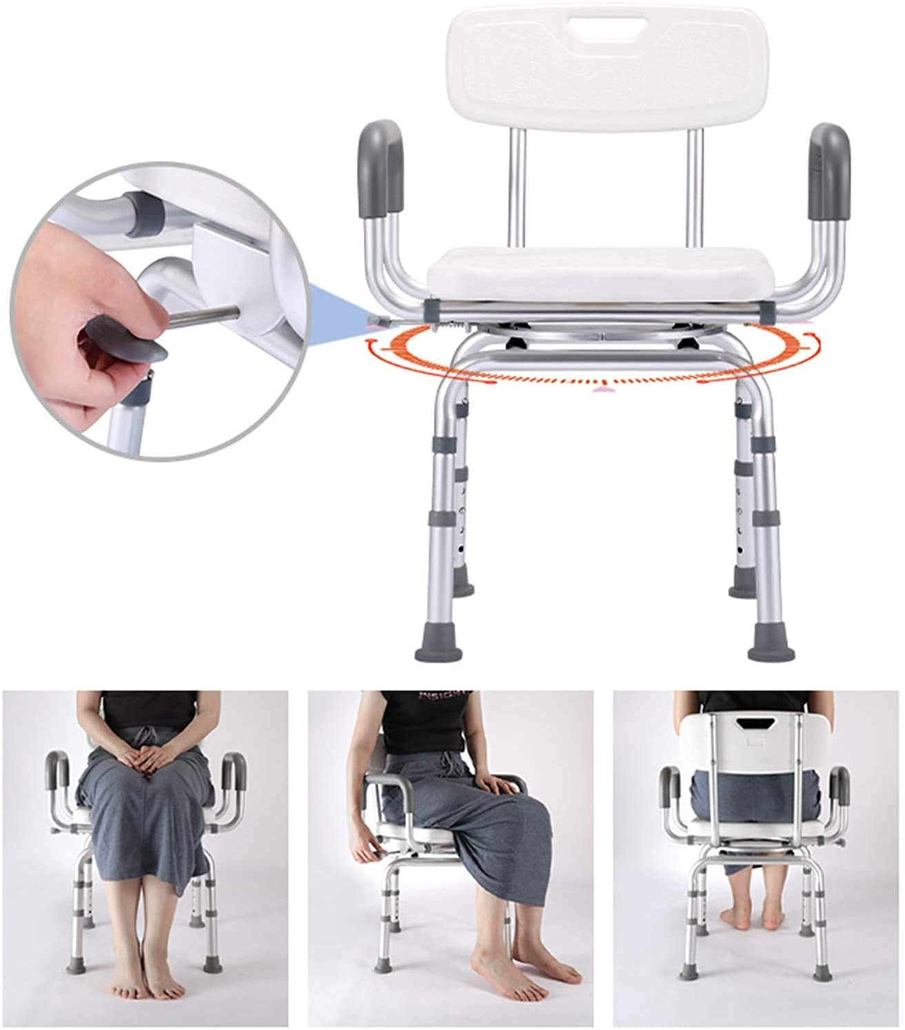 CHEWYNP Silla de Ducha Asiento de Ducha de Altura Ajustable para Trabajo Pesado con Brazos y Respaldo Taburete de Ducha de baño Giratorio Antideslizante, para Ancianos Instalaciones Auxili