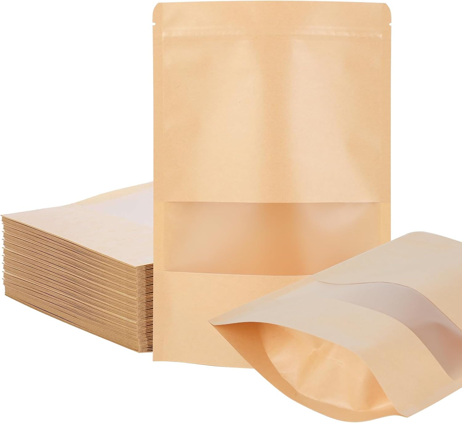 Pack of 50 Paper Bags with Window - Resealable Kraft Paper Bags 18 x 26 cm - Kraft Paper - For Nuts Sweets Tea Leaves - Ideal for Small Businesses Households Brown