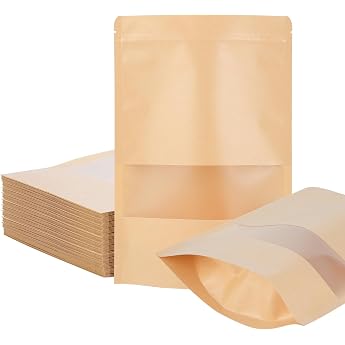 Pack of 50 Paper Bags with Window - Resealable Kraft Paper Bags 18 x 26 cm - Kraft Paper - For Nuts Sweets Tea Leaves - Ideal for Small Businesses Households Brown