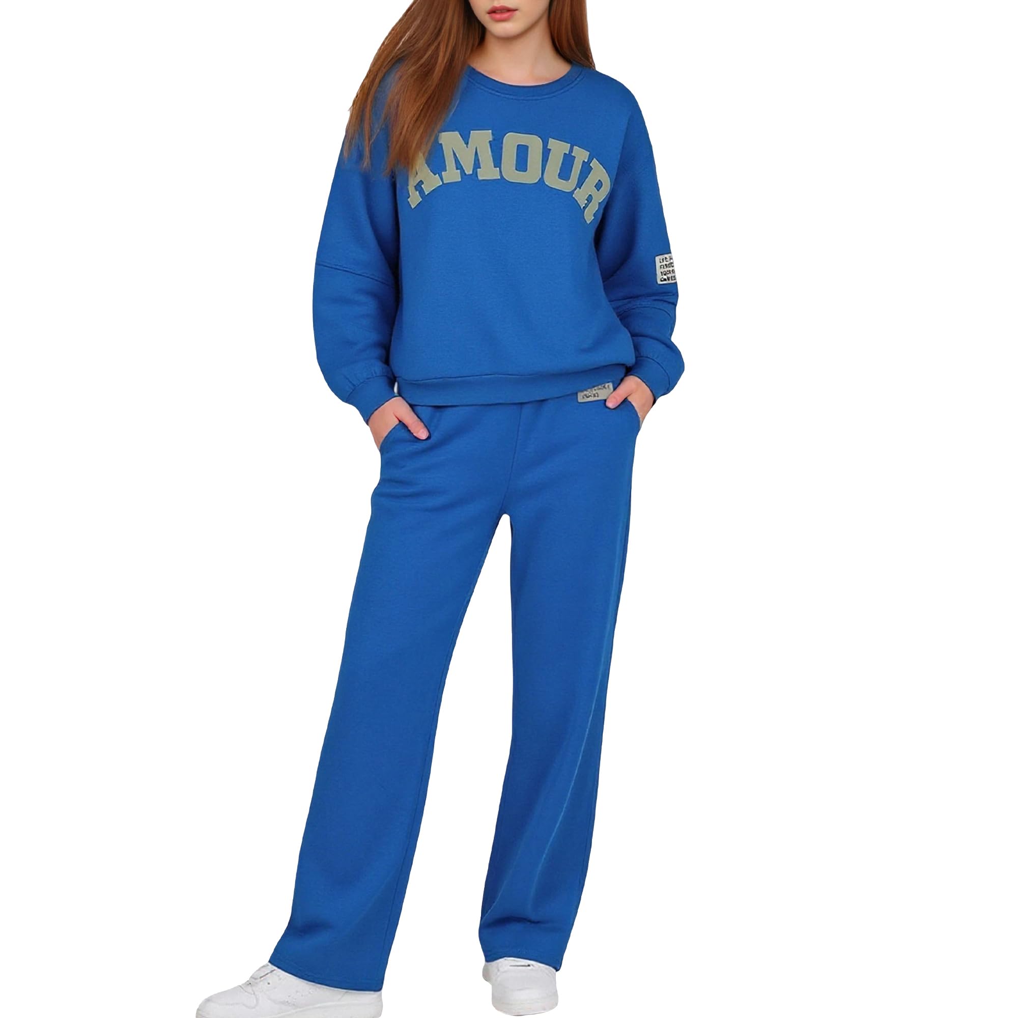 Womens 2 Piece Lounge Sets Fall Workout Sets with Long Sleeve Tops Wide Leg Sweatpants