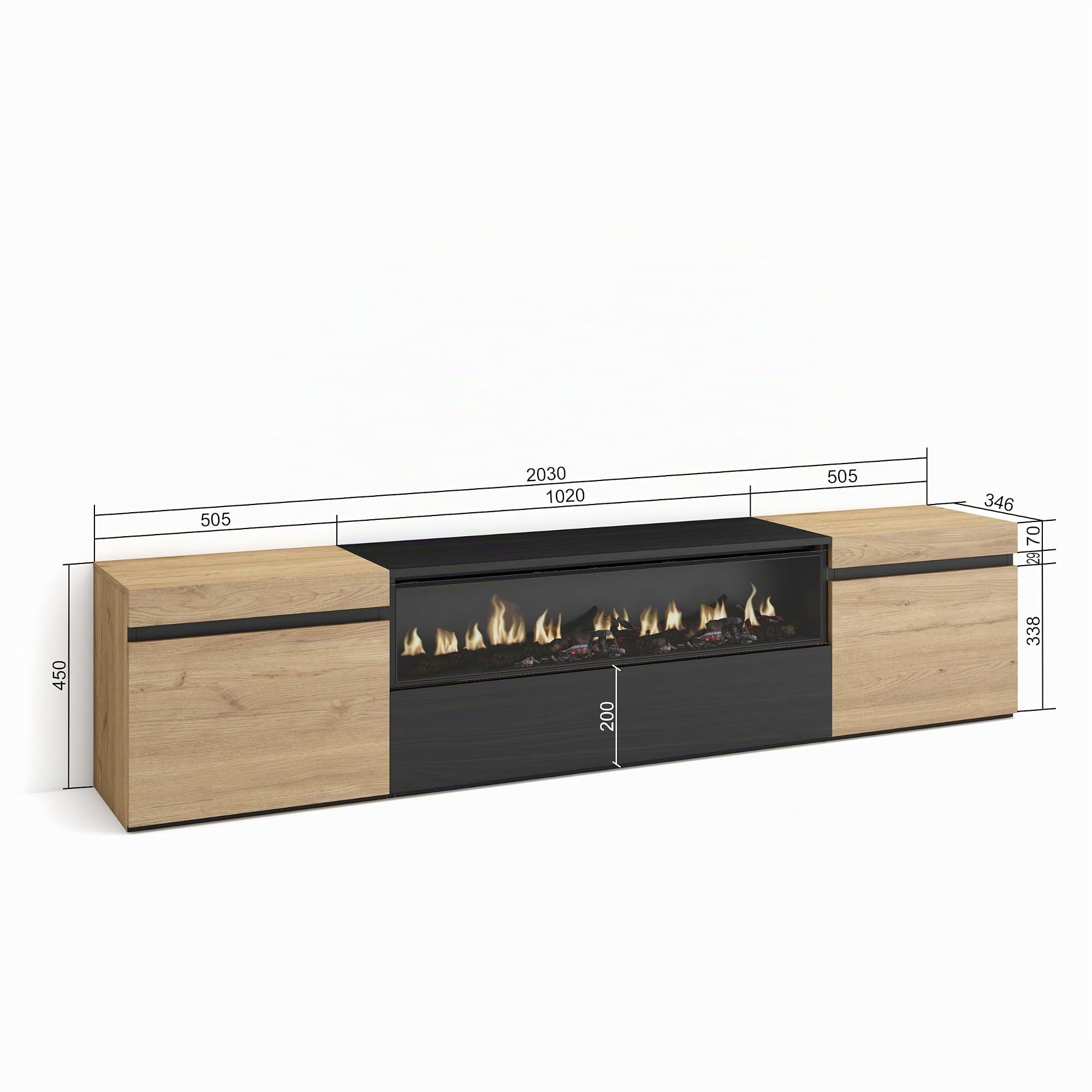Skraut Home | Mueble TV | Televisión | Muebles de salón, almacenaje | 200x45x35cm | para TV hasta 80" | Chimenea eléctrica | Estilo Moderno | Roble y Negro
