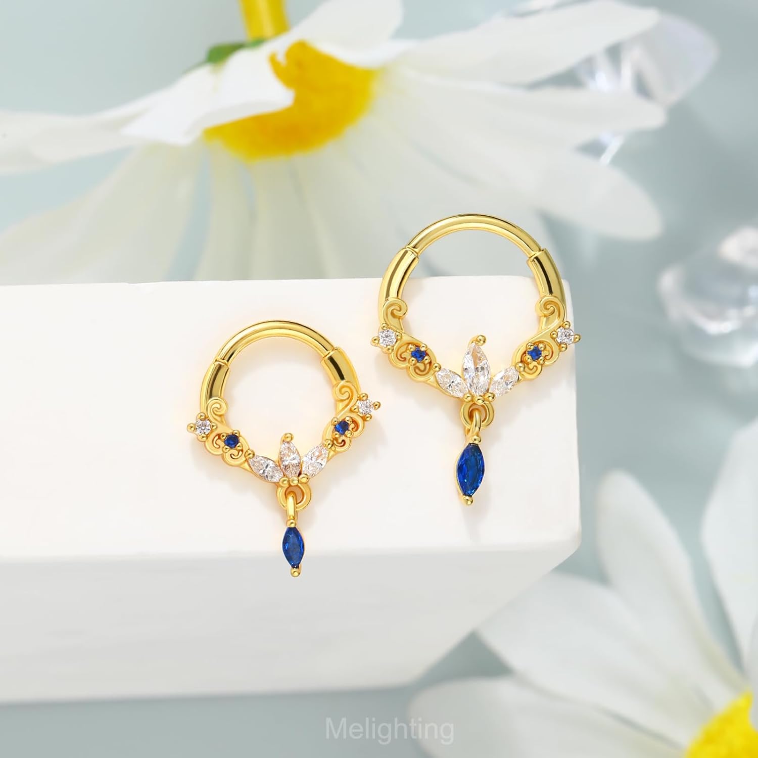 Melighting 16G Dangle Septum Ring Blue Clear CZ Cartilage Earring 8/10 mm Septum Piercing Stainless Steel 316L Septum Jewelry Clicker Helix Piercing Jewelry for Women - Image 6