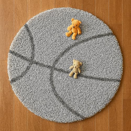 Image of Basketball Theme Rug - Shaggy Soft Carpet, Round Area Rug, Polyester, Sports Design Mat for Bedroom, Kids, Teen, Playroom, Living Room - (Silver, 3x3 feet, Round)