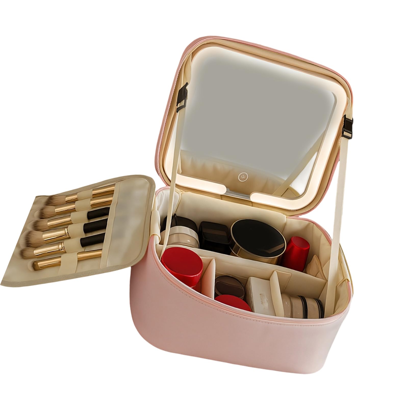 Custodia per cosmetici da viaggio in PU con portaspazzole staccabile e spazio archiviazione a specchio a tutta lunghezza, organizza per la borsa da viaggio per trucco da campeggio in palestra
