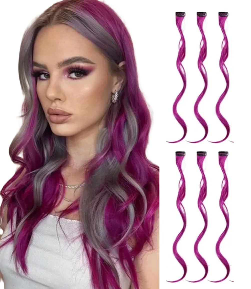 Clip In Curly Hair Extension Highlights, Hair Streaks, Long Curly Hair Highlights (6 x Light Purple), 10 g (Pack of 1)