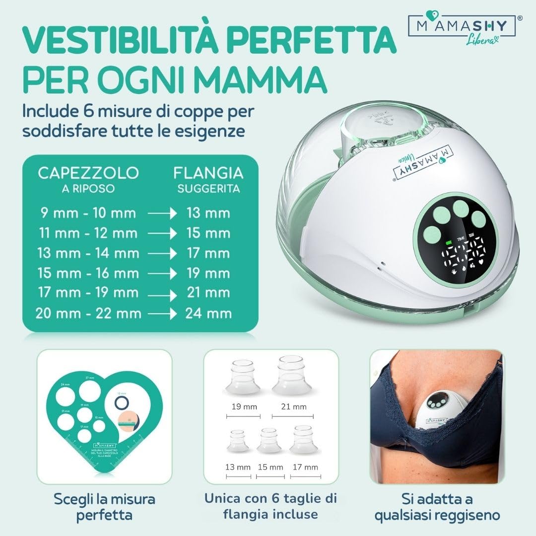 MAMASHY Unica- Tiralatte Elettrico Indossabile e Guida Vocale IT, Tira Latte Neonati Silenzioso Portatile Adattabile 6TG, Neonato Accessori Utili Antispreco, Funzione Memoria, 12 Intensità, 4 Modalità