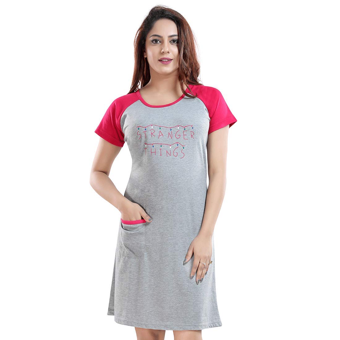 ATTEMPTWomen's Cotton Printed Knee Length T-Shirt Night Dress
