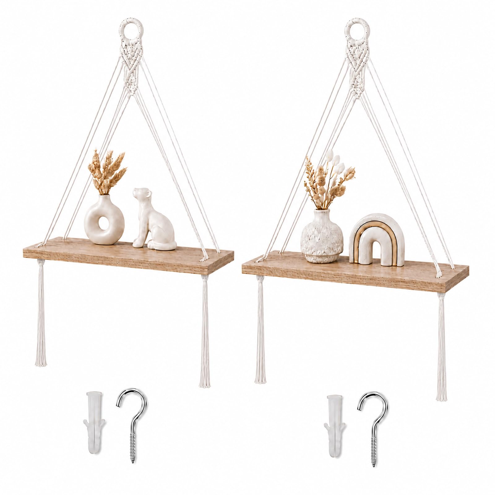 LMSAWK 2 Pcs Boho Macrame Shelf Hand, Boho Hanging Shelf, Cotton Rope Floating Plant Holder, Woven Bohemian Floating Shelf, for Living Room, Bedroom, Bathroom, Balcony