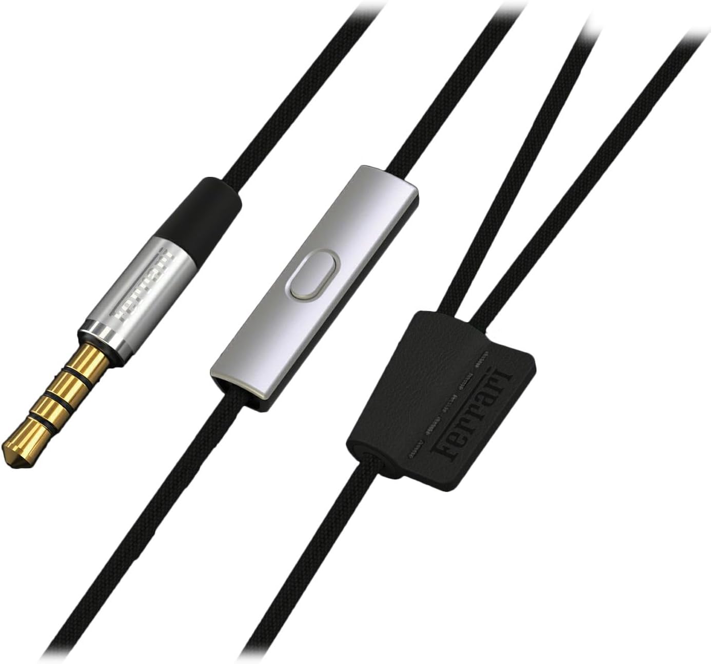 The 3.5mm audio jack, in-line remote control, and cable splitter of the headphones.