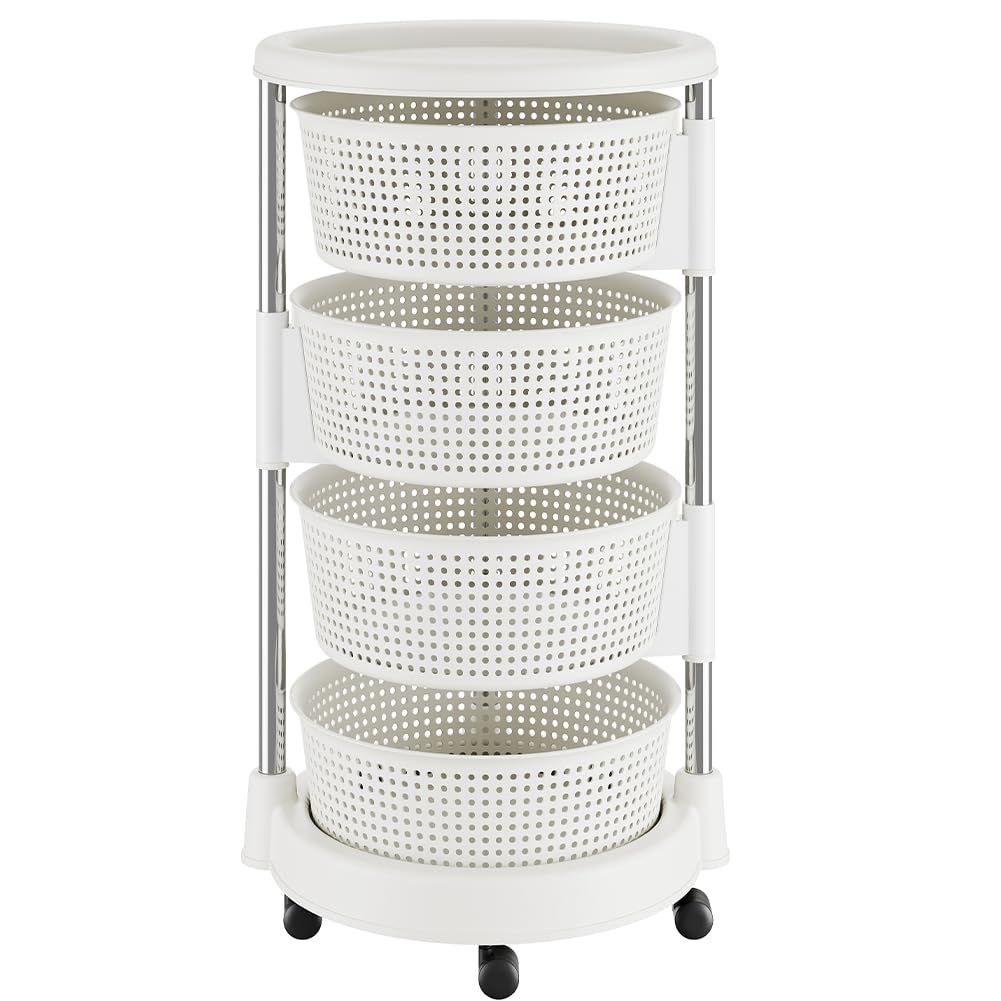 BAKAJI Carrello da Cucina portafrutta con cestelli apribili, Carrellino Portaoggetti Salvaspazio con 4 Ruote Girevoli, Struttura Acciaio e Cesti in plastica, Ideale Cucina, Bagno, (4 Ripiani)