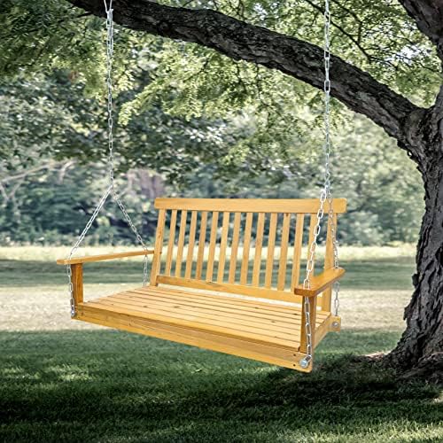 Wooden Front Patio Porch Swings, Reclined Backrest Porch Swing with Hanging Chains for Yard Patio Garden, Outdoor Bench Swing, 800 lbs Capacity, Teak