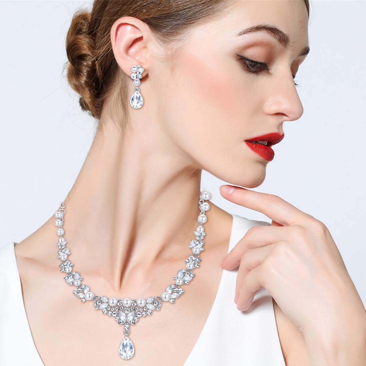 EVER FAITH Women's Crystal Simulated Pearl Elegant Bridal Banquet Waterdrop Necklace Earrings Set