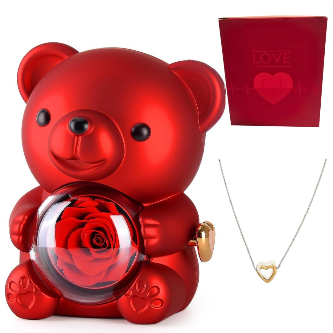 Orsetto con Rosa e Collana,Orso di Rosa Eterna Confezione Regalo con Collana a Forma di Cuore,Orsetto di Rosa Stabilizzata Vera Regalo per Donna, Fidanzata,Mamma,San Valentino,Festa della Mamma