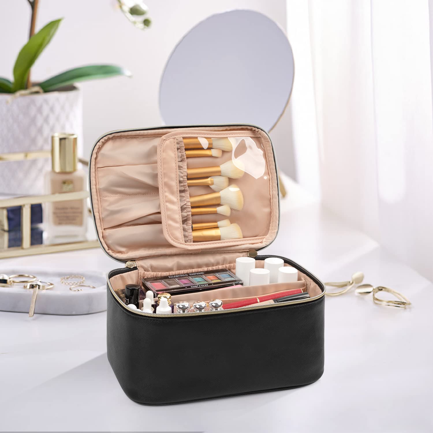 Borsa per il trucco, borsa cosmetica portatile, organizer per il trucco da viaggio, grande capacità, nera per donne, borsa da toeletta per ragazze con manico e divisorio da viaggio, A-Nero, Da viaggio