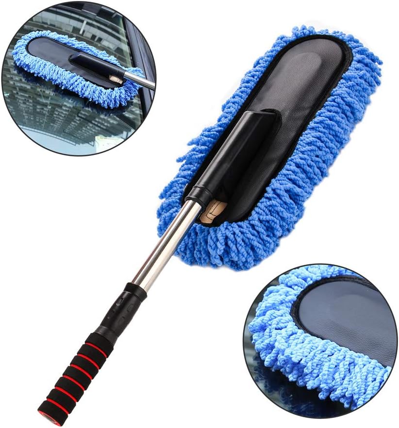 Car Wash Brush Duster, XINDELL Microfiber Car Wheel Window Detailing Brush Mitt Cleaner Soft Head Scraper Hose Attachment for Interior Exterior Vehicle Wash with Extendable Long Handle Soap Dispenser