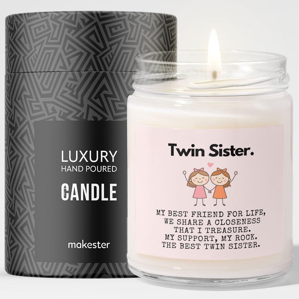 Twin Sister Gifts - Luxury Soy Wax Candle - Vanilla, Jasmine, Sugared Almond - Makester, White