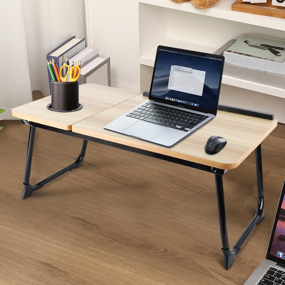 Table de lit Pliable et réglable, Plateau pour Ordinateur Portable avec Plateau inclinable, tiroir, Bureau de lit en Bambou,Support d'Ordinateur (56 * 33 * 24cm)