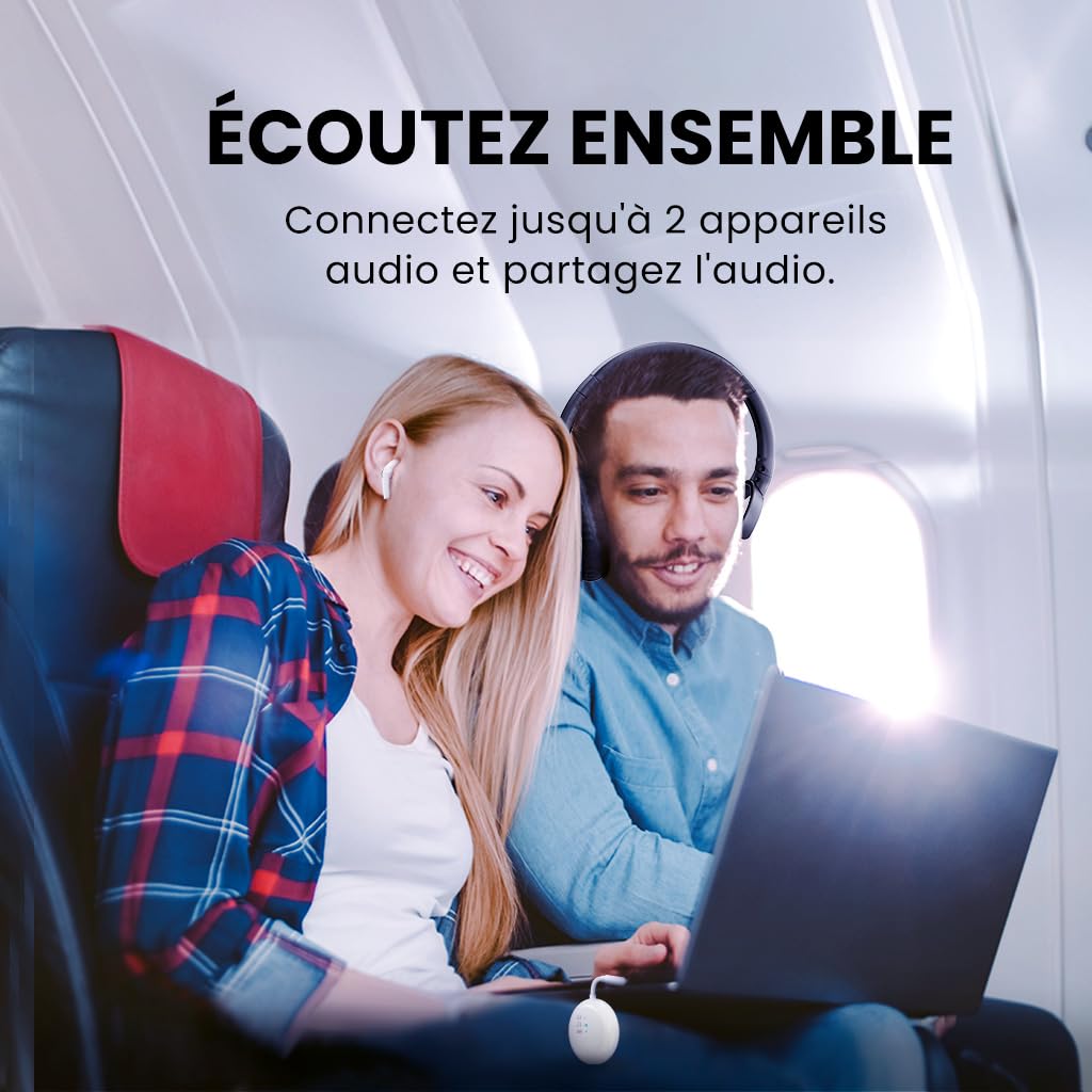 Avantree SoundJet R1 Adaptateur Avion Bluetooth aptX Adaptive 20 h Autonomie Transmetteur Audio sans Fil Puce Qualcomm Blanc