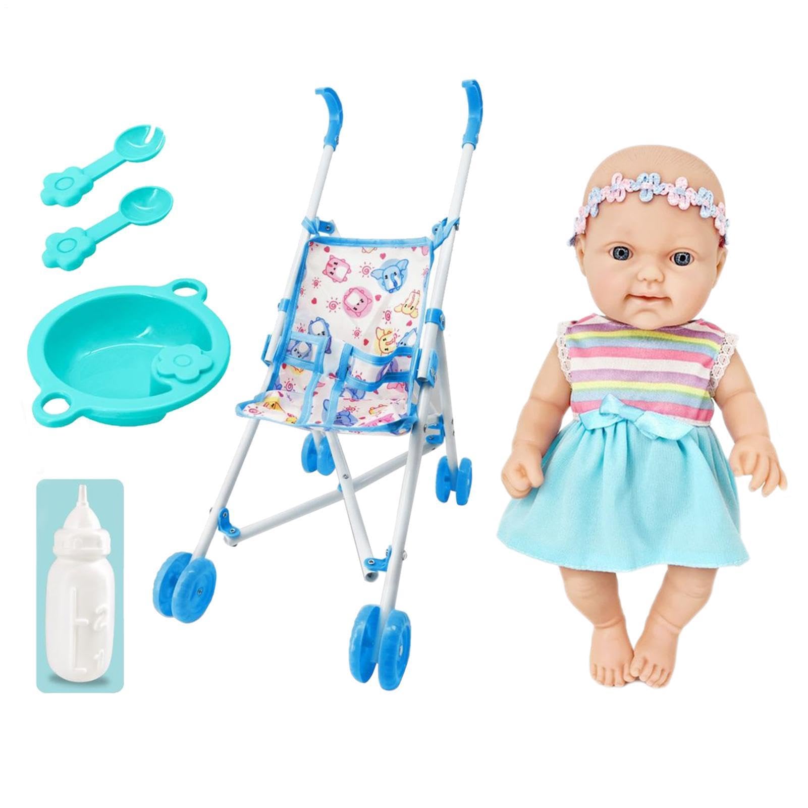 Doll Stroller - 10 Inch Play Doll, Pushchair Pretend Set, Compact Pram Toy,