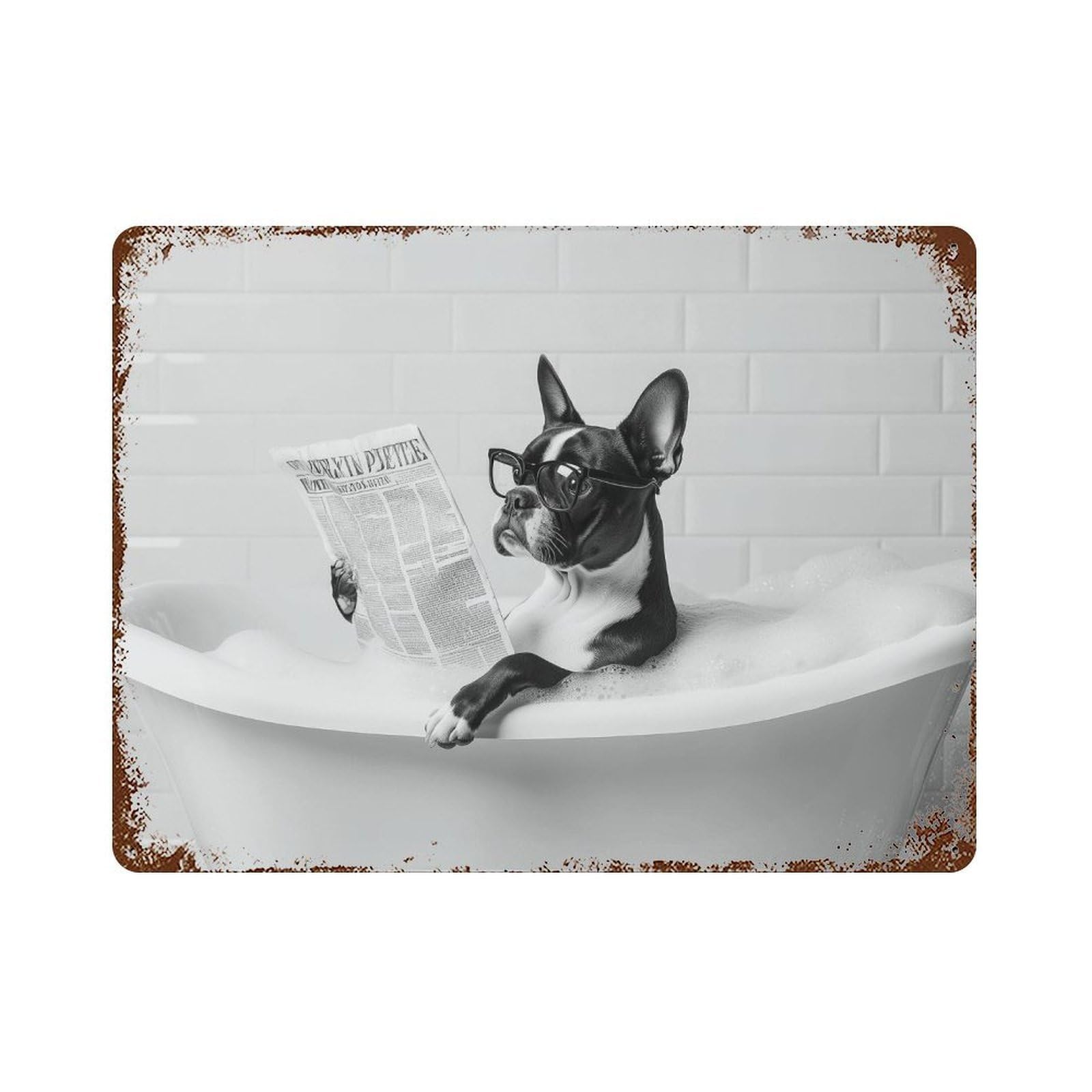 xiaoxiaoshen Boston Terrier Bathtub Wall Art Wall Decor Art Metal Tin Poster Modern Home Decor Art Home Bar Shop Decorations Vintage Sign 30x40cm