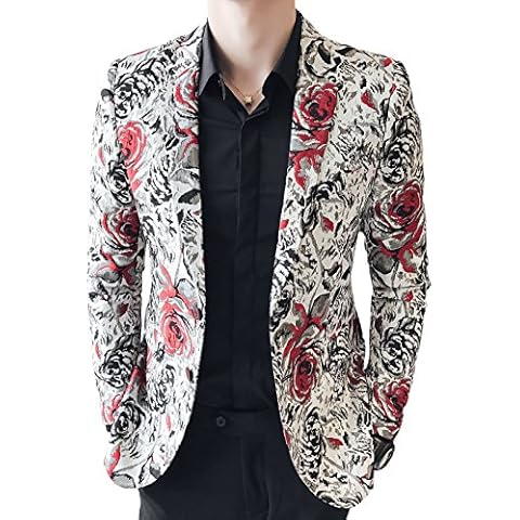 OUYE Men's Red Black Rose Print Casual Blazer 38 Cover