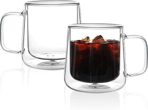 Aurzen 13oz Glass Coffee Mugs,Double Wall Insulated Glass Cups with Handle,Clear Espresso Mugs for Latte,Cappuccino,Tea Bag 2, 13oz