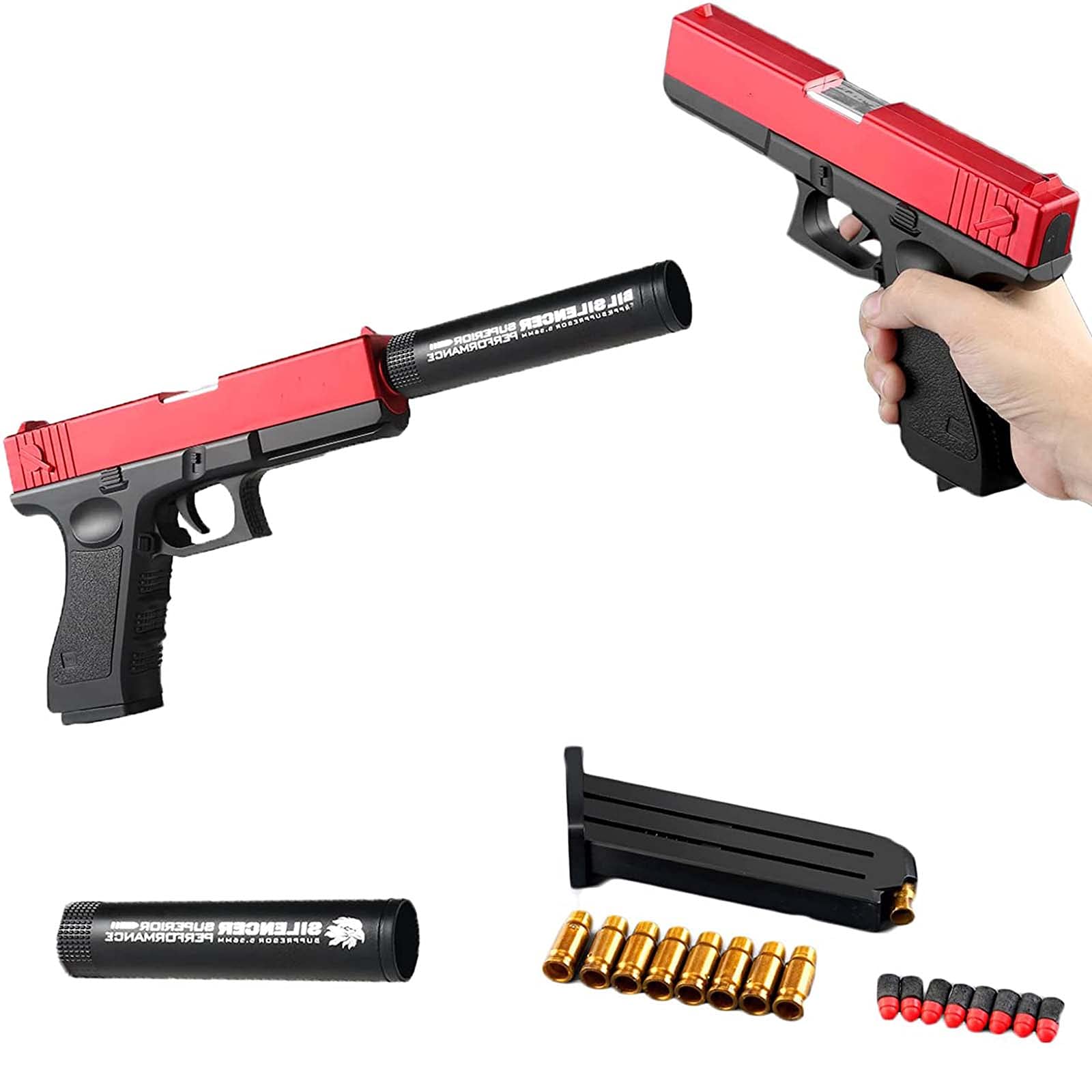 Classic Glock & M1911 Soft Bullet Toy Gun, 1: 1 Size Boys Toy Guns, Shell ejecting Soft Bullet Toy Gun with Ejecting Magazine and Silencer, Fun Outdoor Game Children's Gift (Glock Red)
