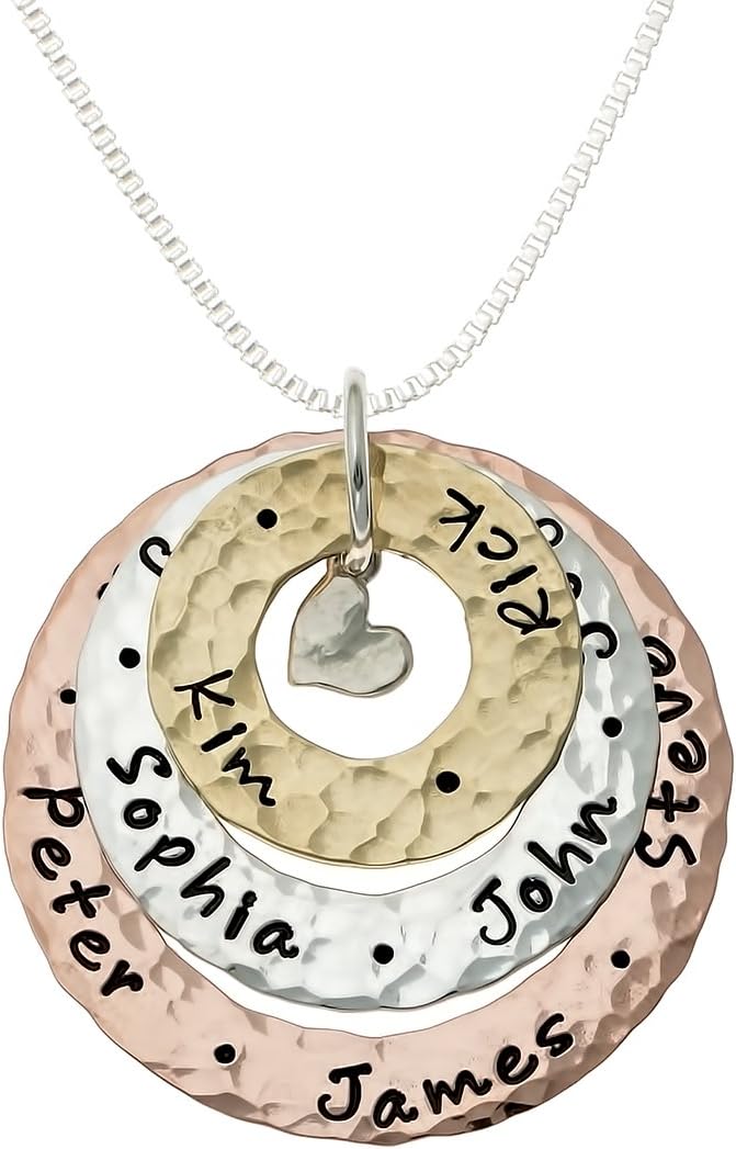 AJ's Collection Happiness All Around Personalized Family Mixed Metal Necklace with Customizable Sterling Silver Name Necklace, 14k and Rose Gold Plated charms with Choice of Sterling Silver Chain. Gifts for grandma or mom