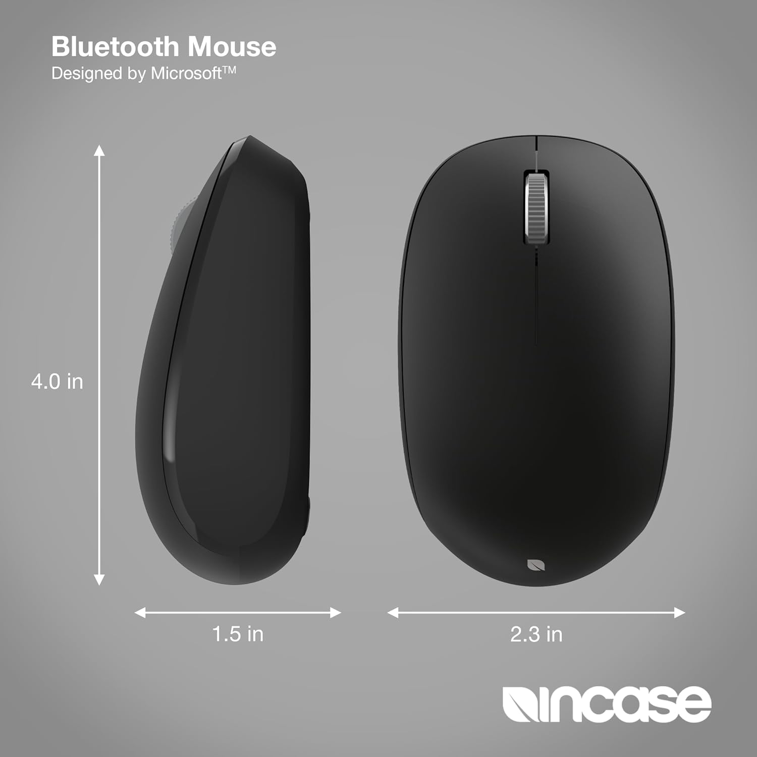 Diagram showing the dimensions of the Incase Bluetooth Mouse: 4.0 inches long, 1.5 inches high, and 2.3 inches wide.