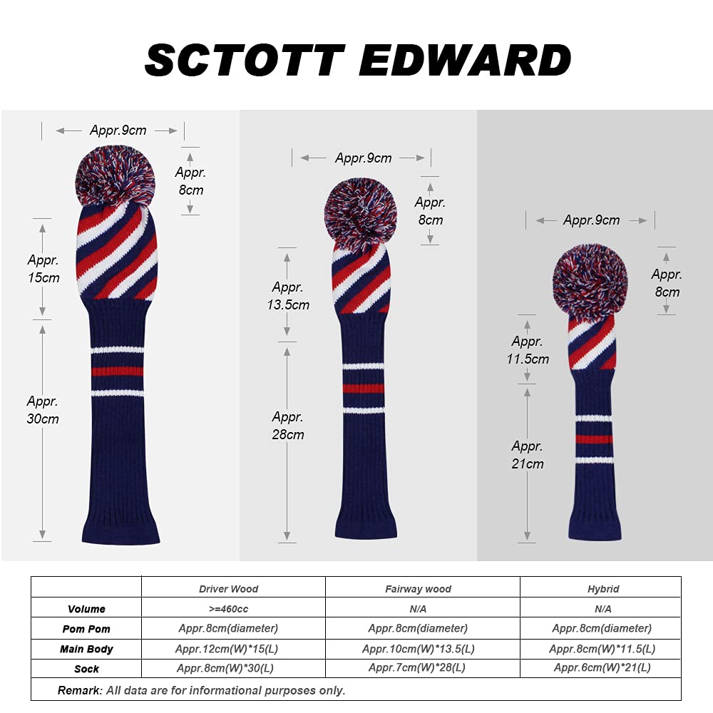 Scott Edward Lot de 4 Cache-tête en Bois tricoté pour Pilotes (460 CC), Fairways Hybride/UT, Doux et épais, accrocheur, rayé Noir, Rouge et Blanc